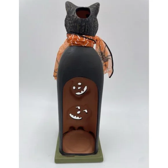 Halloween Black Cat Pumpkin Tea Candle Holder Ceramic Statue Folk Decoration 10" - Picture 5 of 11